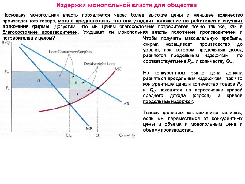 Издержки монопольной власти для общества Поскольку монопольная власть проявляется через более высокие цены и